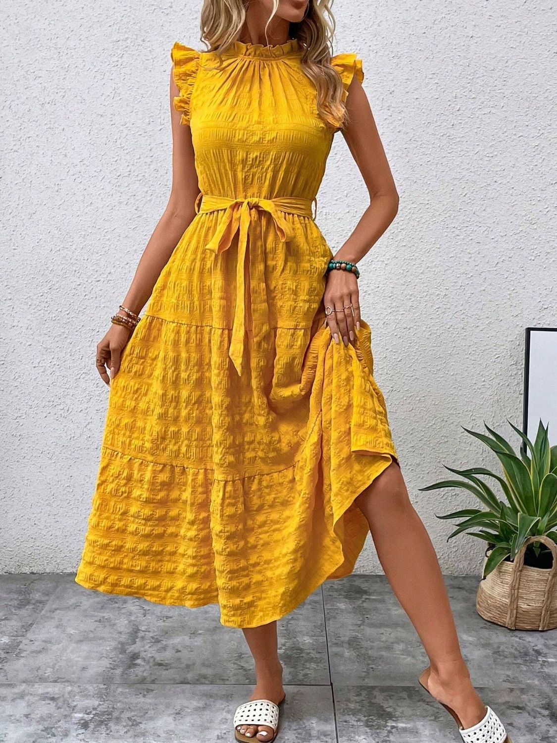 Tied Ruffled Cap Sleeve Midi Dress Midi Dresses JT's Designer Fashion