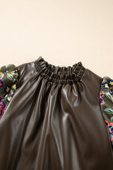 Four Leaf Clover Floral Bubble Sleeve Patchwork Leatherette Frilled Round Neck Blouse Blouses & Shirts JT's Designer Fashion