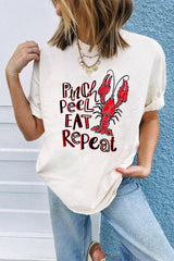 White Pinch Peel Eat Repeat Crawfish Print Crew Neck Tee Graphic Tees JT's Designer Fashion