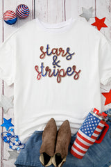 White Sequin stars & stripes Graphic Drop Shoulder Loose T Shirt Graphic Tees JT's Designer Fashion