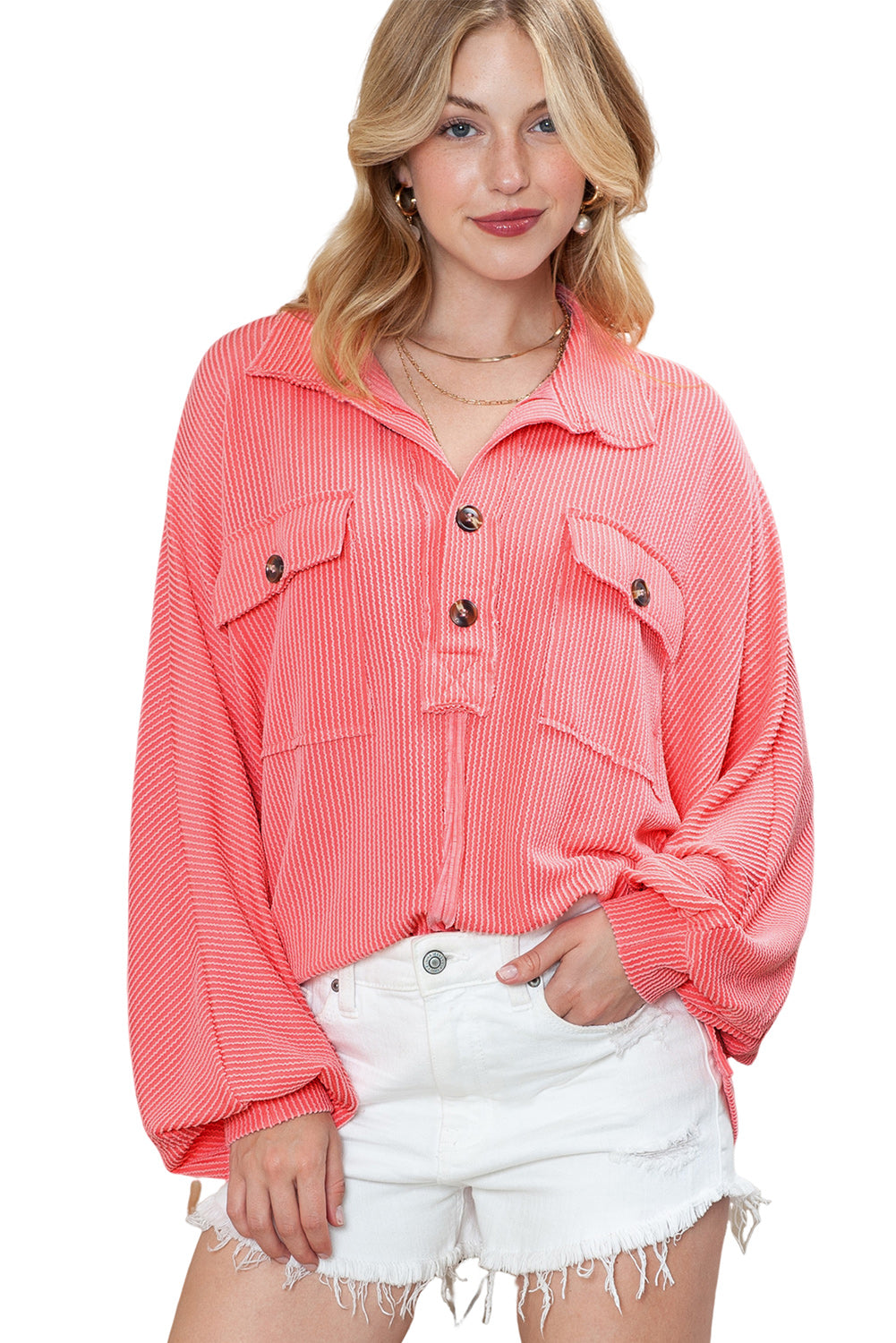 Pink Corded Flap Pocket Henley Top Long Sleeve Tops JT's Designer Fashion