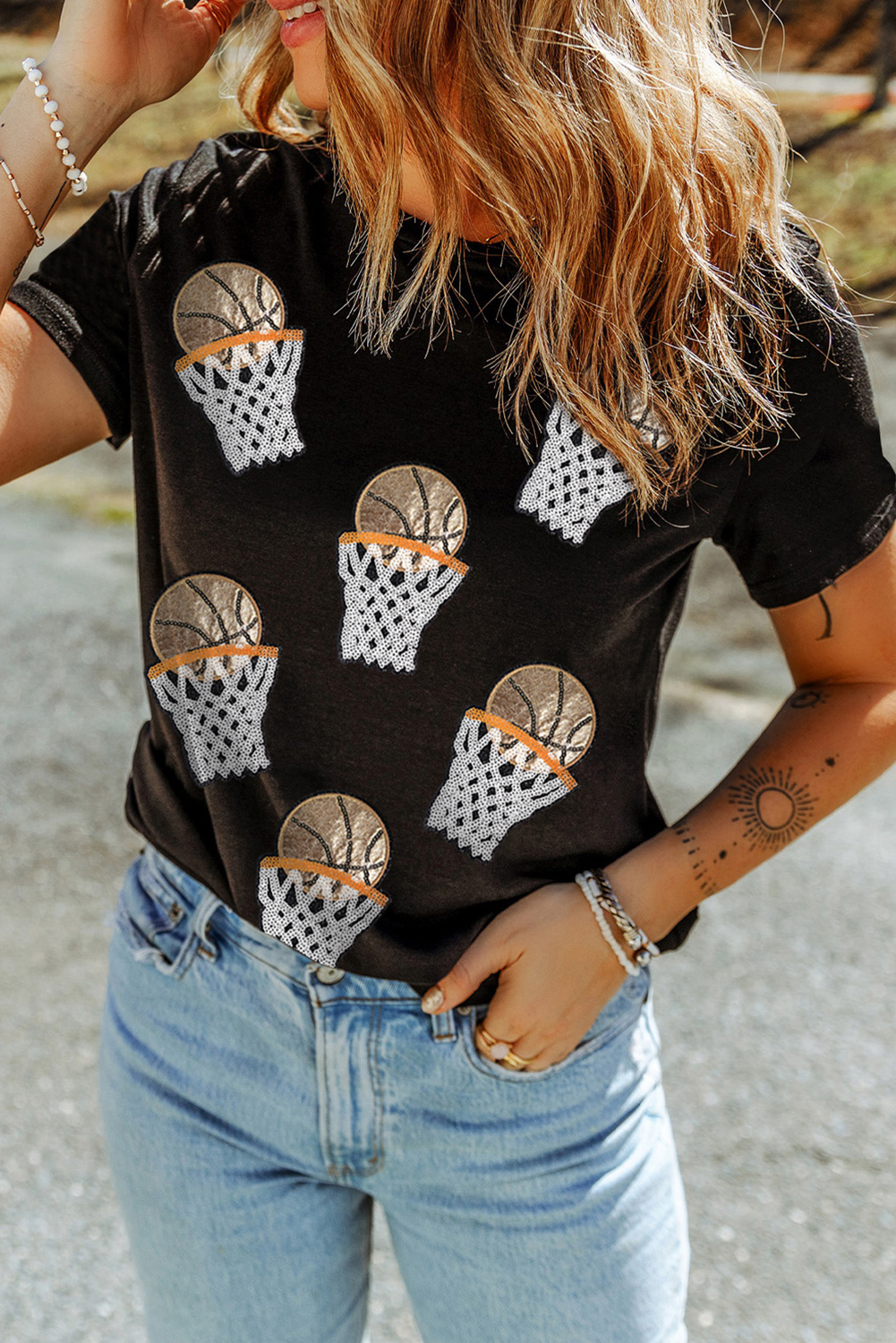 Black Sequin Basketball Patched Graphic Game Day T Shirt Graphic Tees JT's Designer Fashion