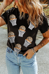 Black Sequin Basketball Patched Graphic Game Day T Shirt Graphic Tees JT's Designer Fashion
