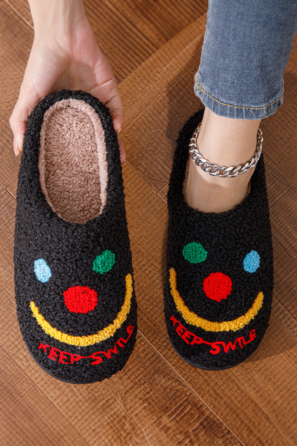 Black Keep Smile Printed Sherpa Home Slippers Slippers JT's Designer Fashion