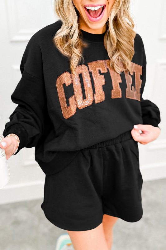 Black Sequined COFFEE Loose Fit Sweatshirt and Shorts Set Short Sets JT's Designer Fashion