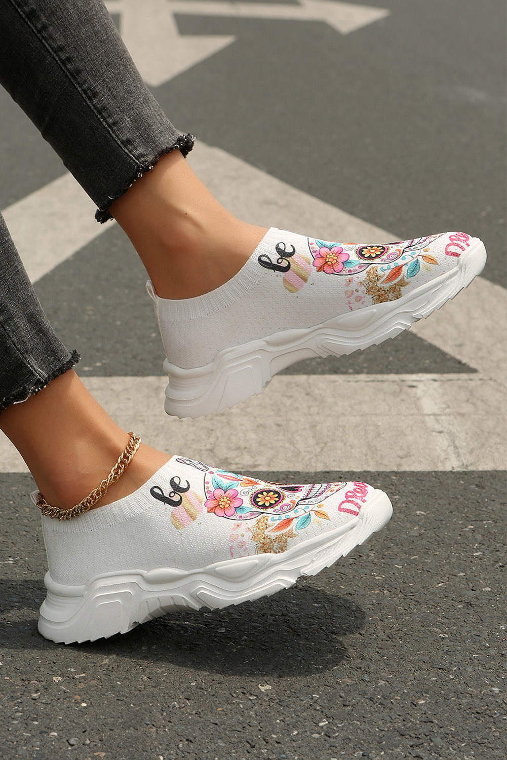 White Halloween Floral Skull Printed Slip-On Flat Shoes Women's Shoes JT's Designer Fashion