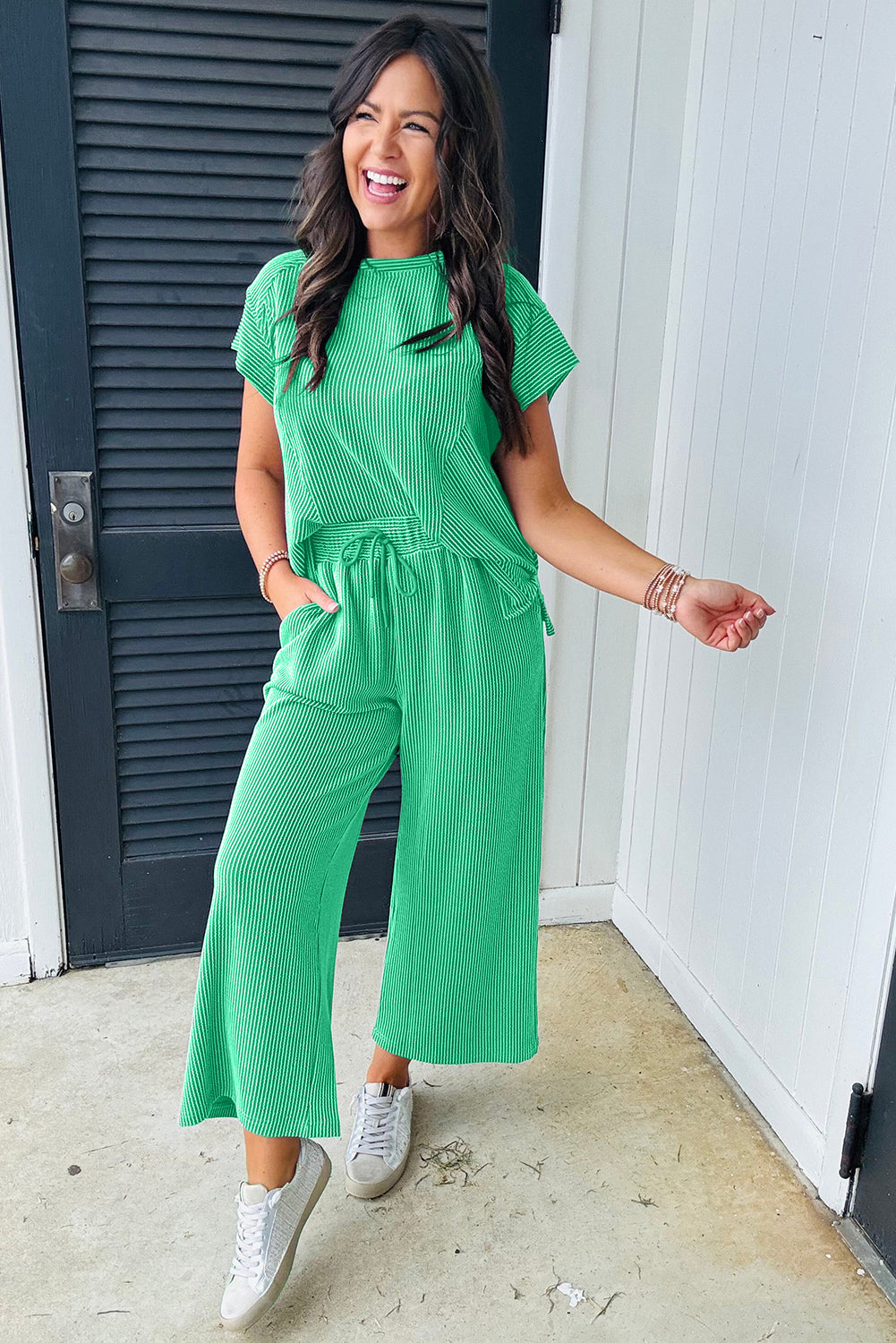 Bright Green Solid Corded Knit Short Sleeve T Shirt and Wide Leg Pants Set Pant Sets JT's Designer Fashion