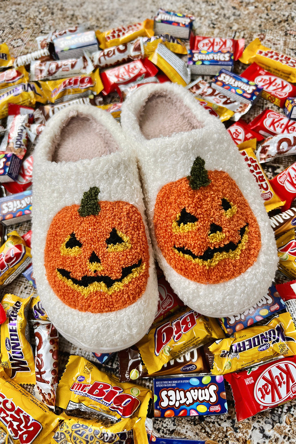 White Halloween Pumpkin Print Plush Slippers Slippers JT's Designer Fashion