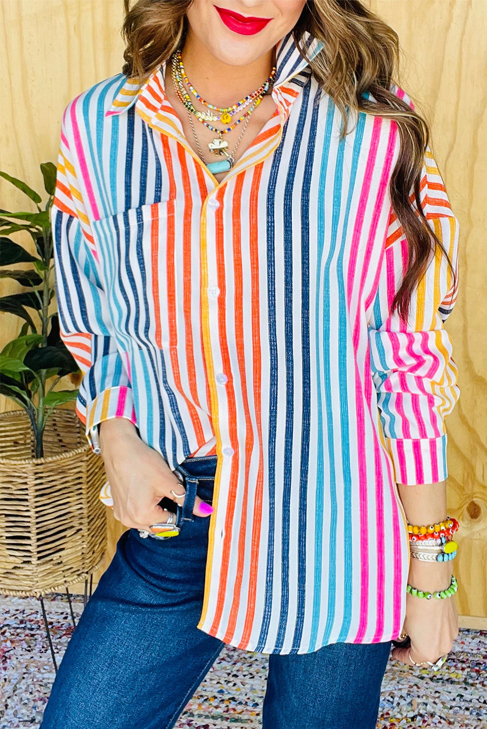 Orange Stripe Colorful Patch Pocket Long Sleeve Shirt Tops & Tees JT's Designer Fashion