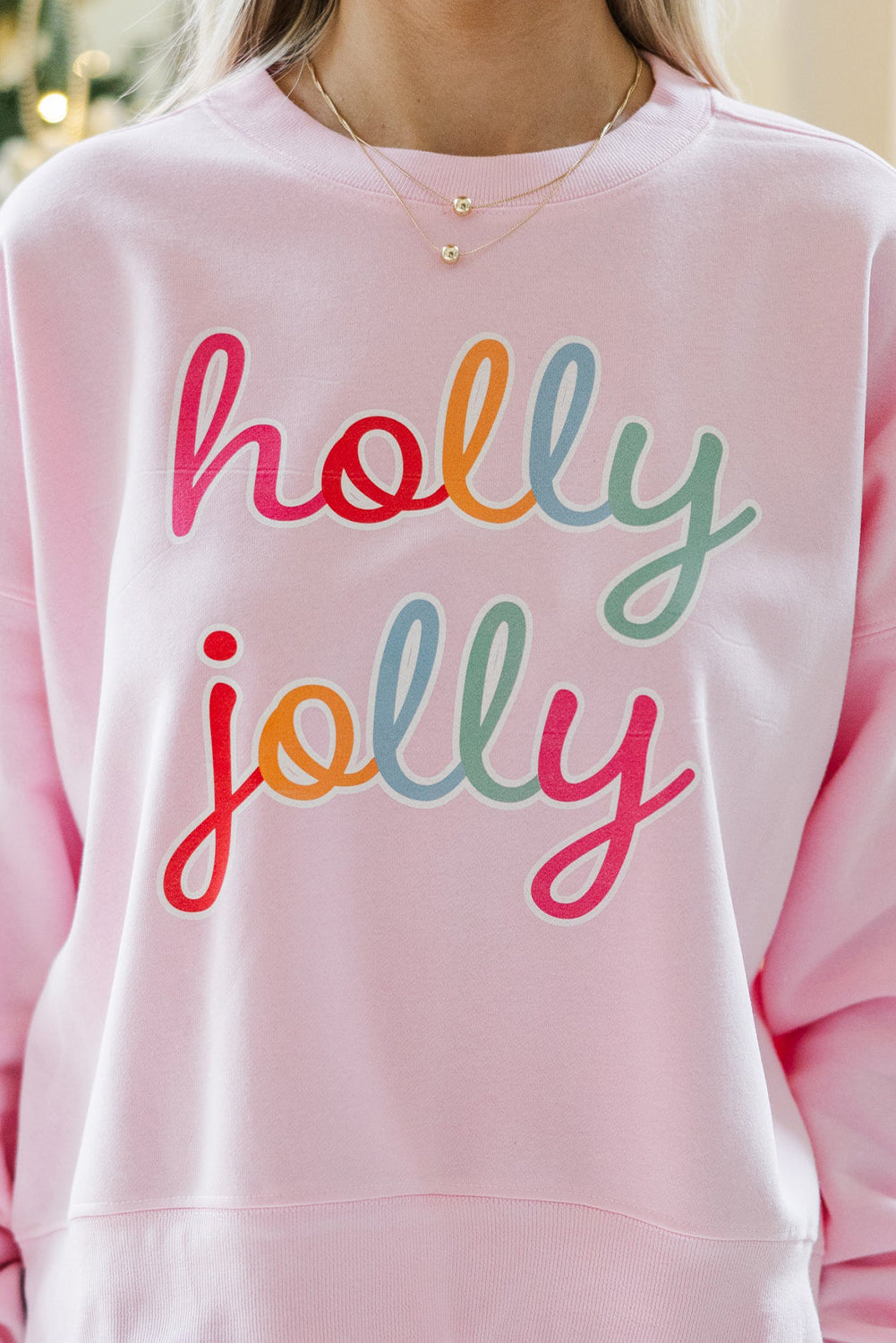 Pink holly jolly Printed Round Neck Christmas Sweatshirt Graphic Sweatshirts JT's Designer Fashion