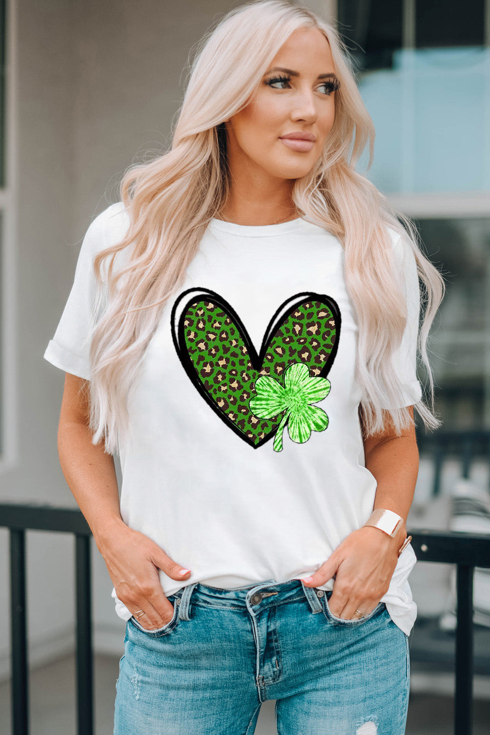 White Clover Leopard Heart Shaped Print Crewneck Graphic Tee Graphic Tees JT's Designer Fashion