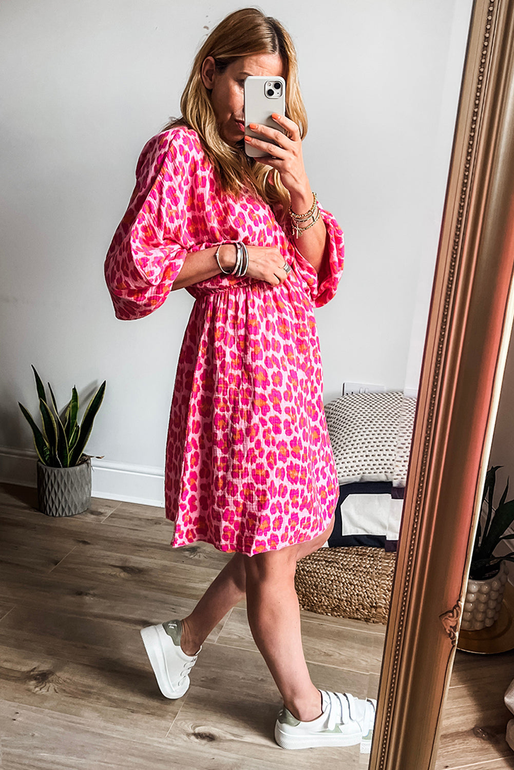 Pink Leopard Print Elasticated V Neck 3/4 Puff Sleeve Dress Mini Dresses JT's Designer Fashion