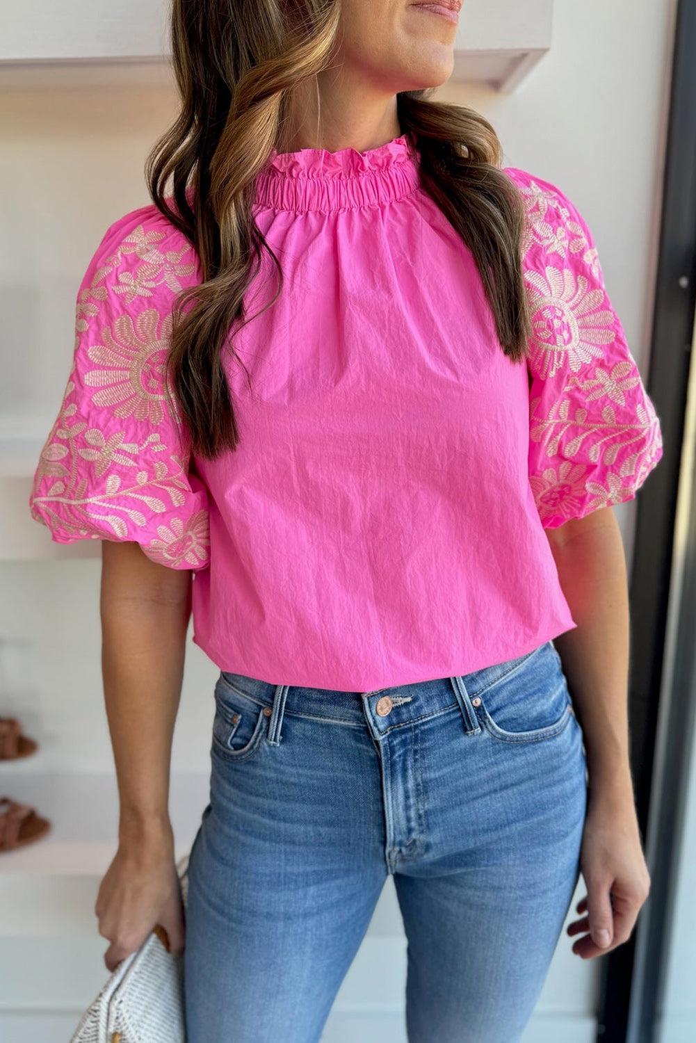 Bright Pink Frilled Floral Embroidered Puff Sleeve Blouse Pre Order Tops JT's Designer Fashion