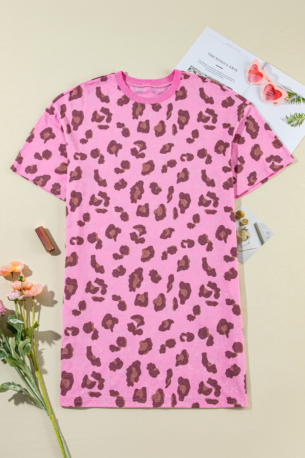 Pink Leopard Mineral Wash Side Pocket Shift Mini Dress T Shirt Dresses JT's Designer Fashion