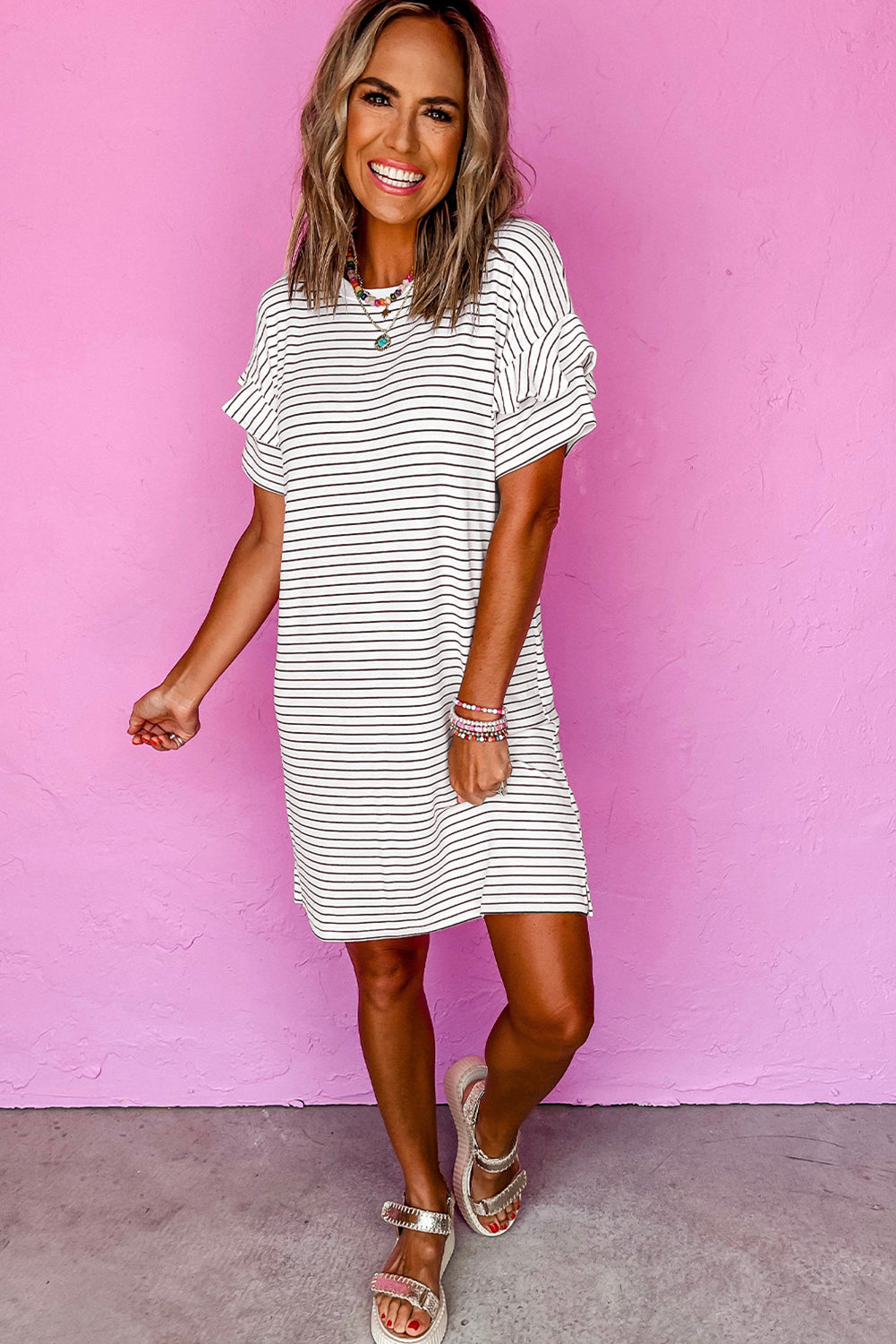 White Stripe Ruffled Short Sleeve Crew Neck T Shirt Shift Mini Dress T Shirt Dresses JT's Designer Fashion