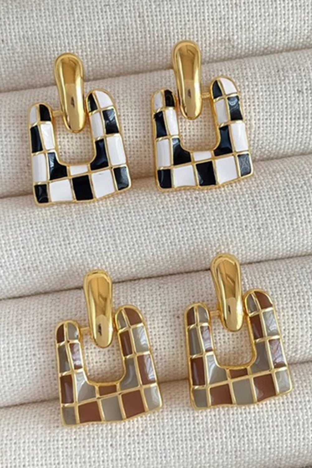 Black Checkered Pattern Square Shape Stud Dangle Earrings Jewelry JT's Designer Fashion