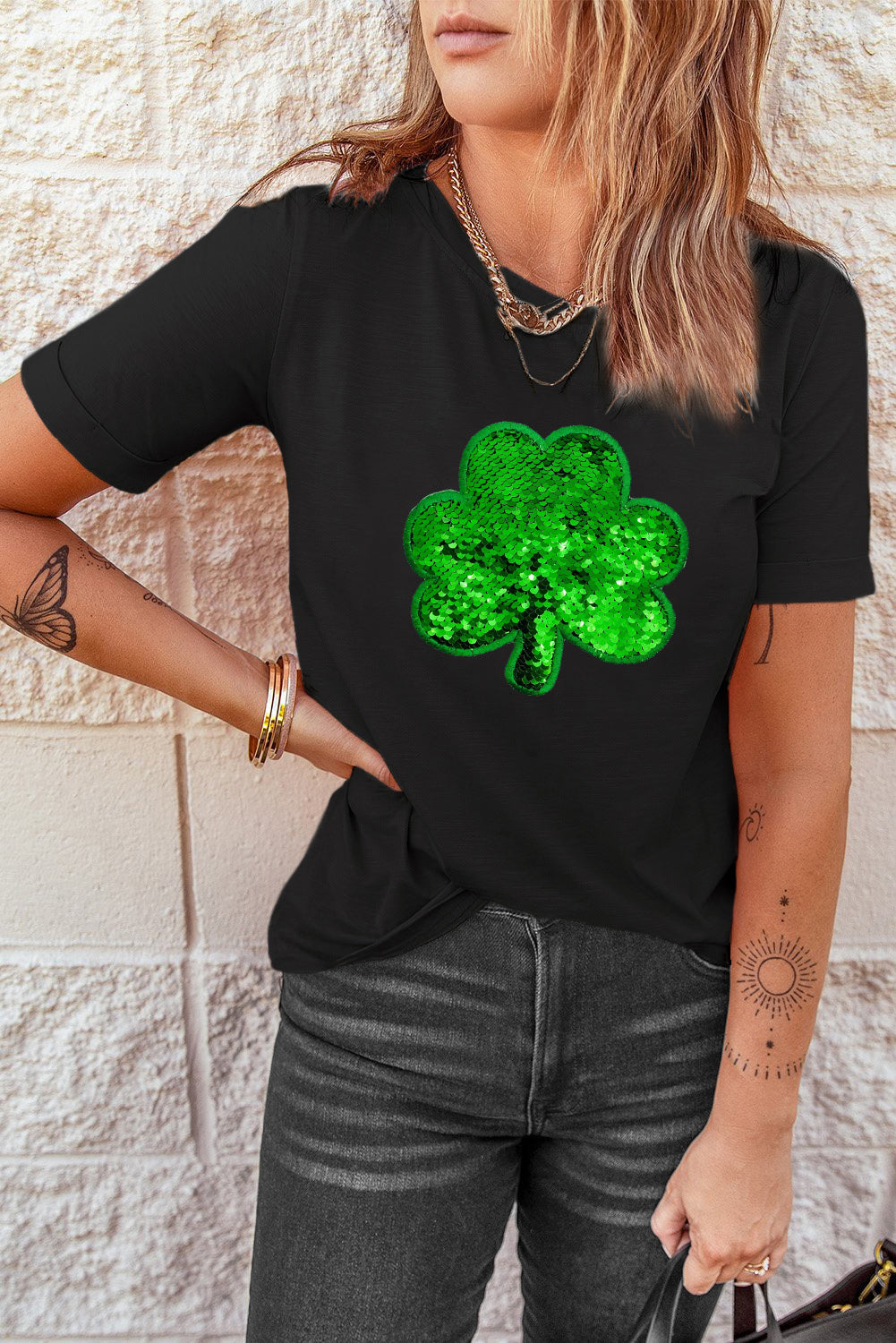 Black Sequin Clover Embroidered Round Neck Graphic Tee Graphic Tees JT's Designer Fashion