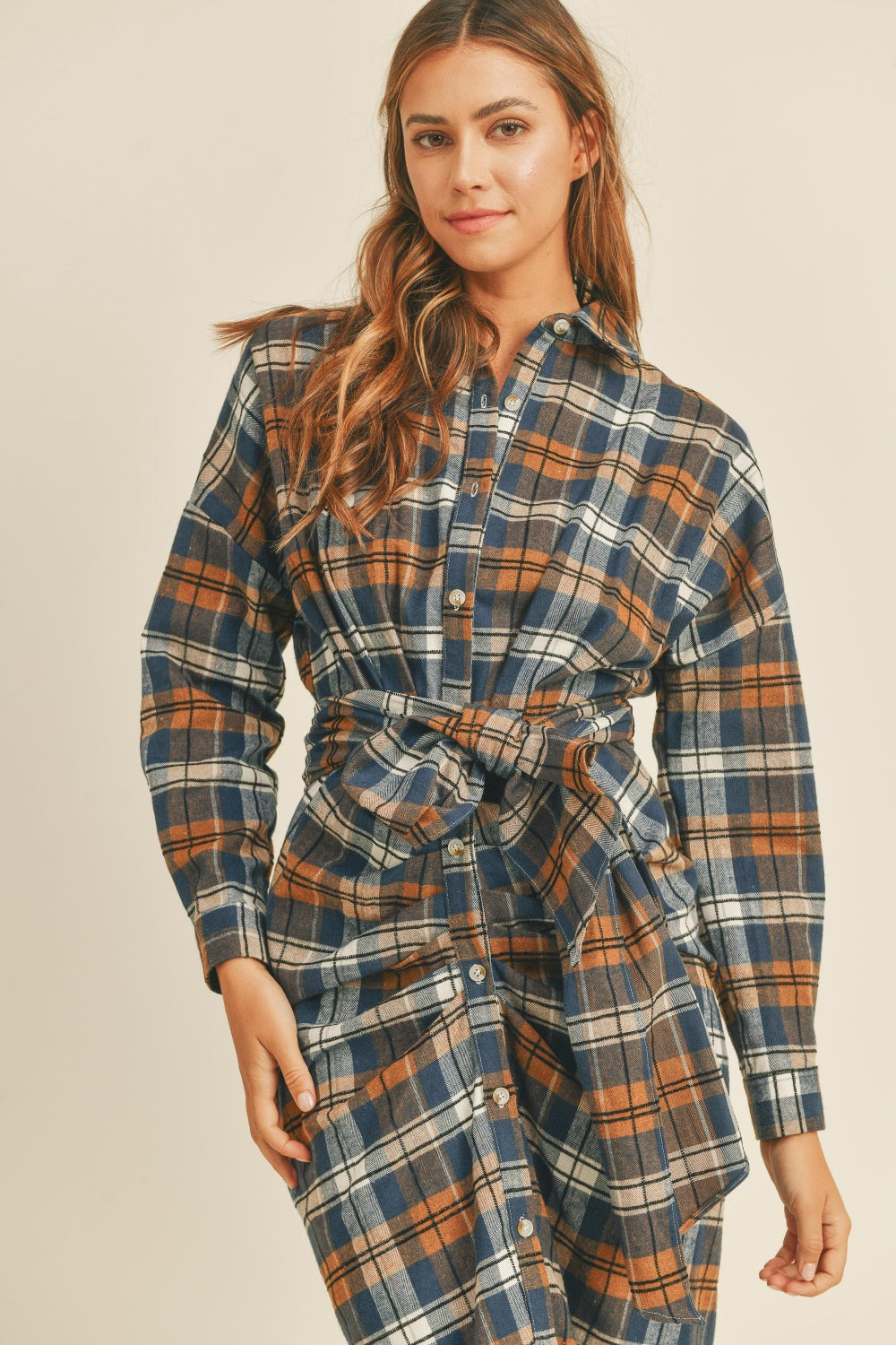 Plaid Flannel Front Tie Button Down Shirt Dress T Shirt Dresses JT's Designer Fashion