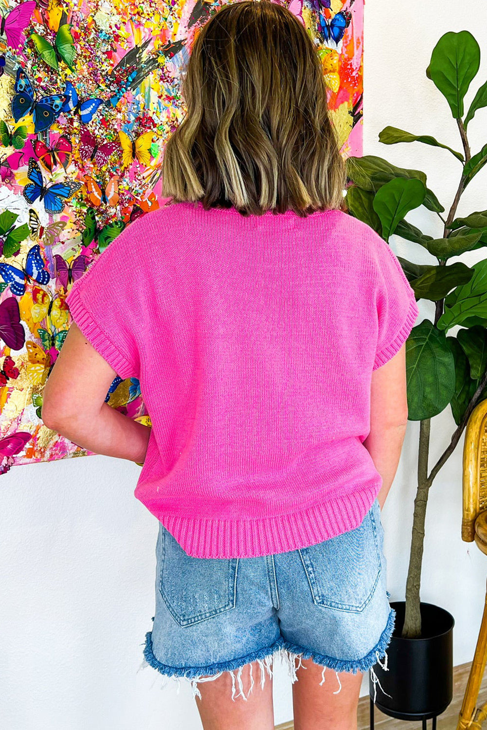 Bright Pink Corded Flower Embroidery Short Sleeve Knitwear Top Pre Order Sweaters & Cardigans JT's Designer Fashion