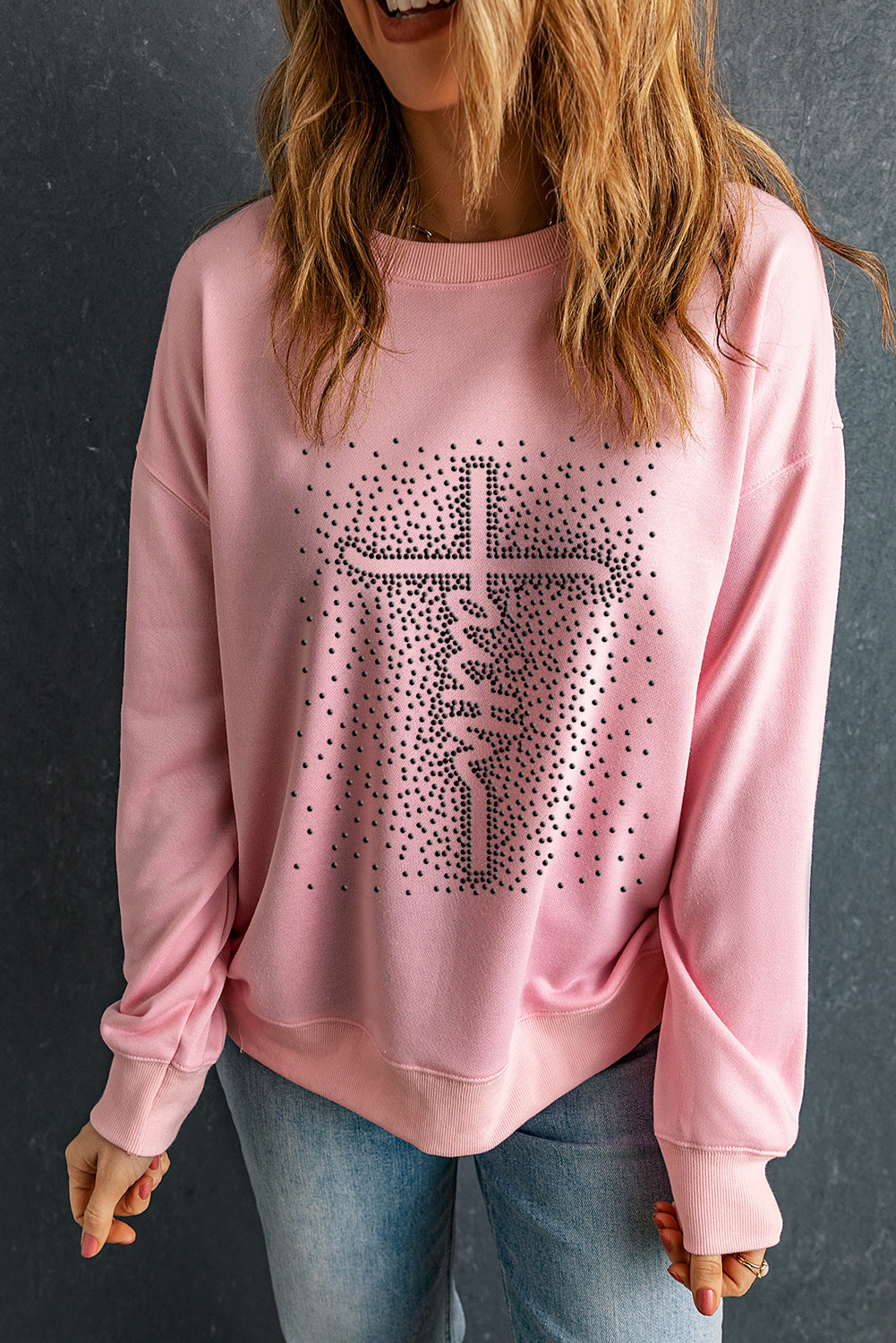 Pink Faith Graphic Studded Pullover Sweatshirt Graphic Sweatshirts JT's Designer Fashion