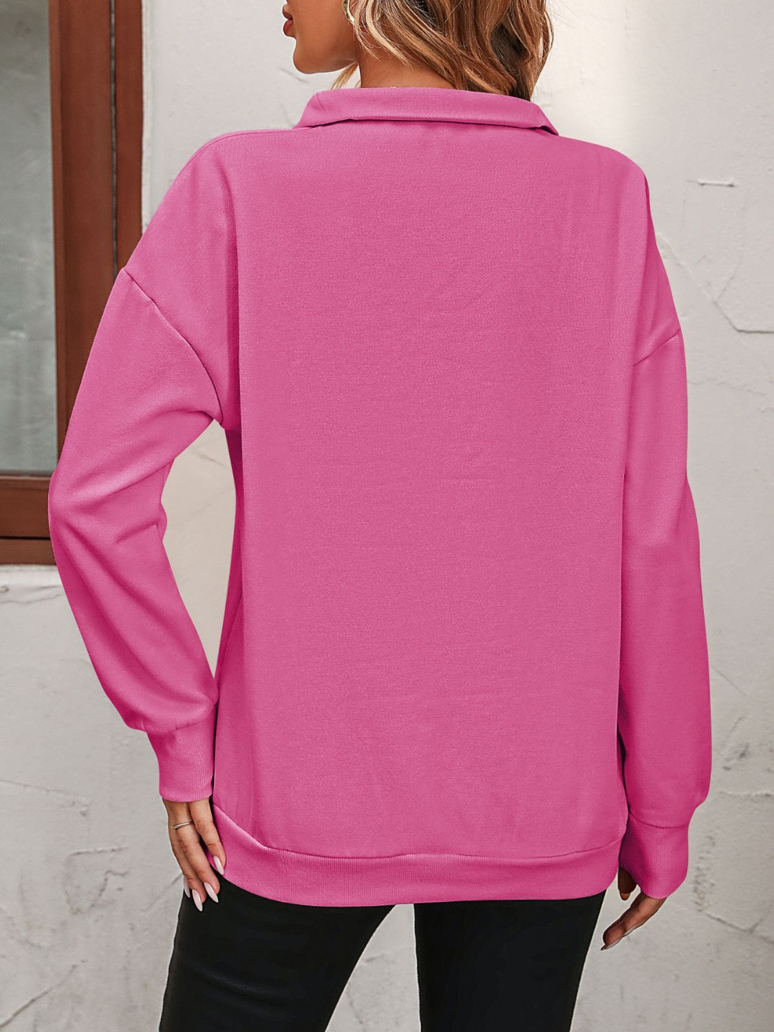 Mandy Zip-Up Dropped Shoulder Sweatshirt Hot Pink Long Sleeve Tops JT's Designer Fashion