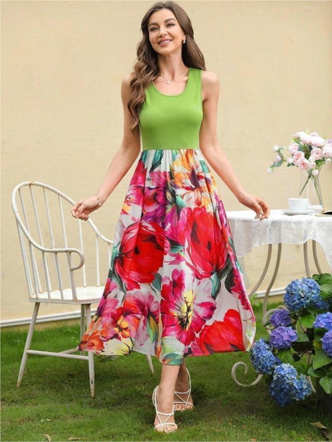 Printed Round Neck Sleeveless Dress Floral Dresses JT's Designer Fashion