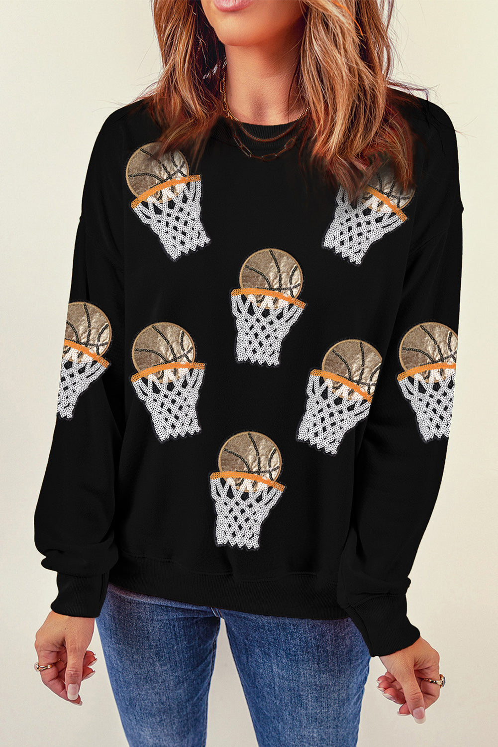 Black Basketball Patched Game Day Crew Neck Graphic Sweatshirt Graphic Sweatshirts JT's Designer Fashion