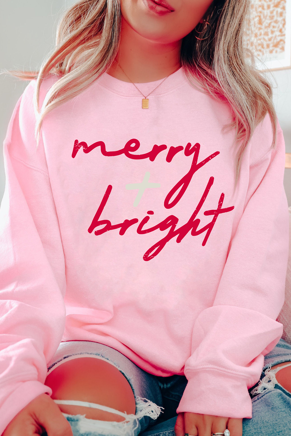 Pink merry + bright Christmas Fashion Graphic Sweatshirt Graphic Sweatshirts JT's Designer Fashion