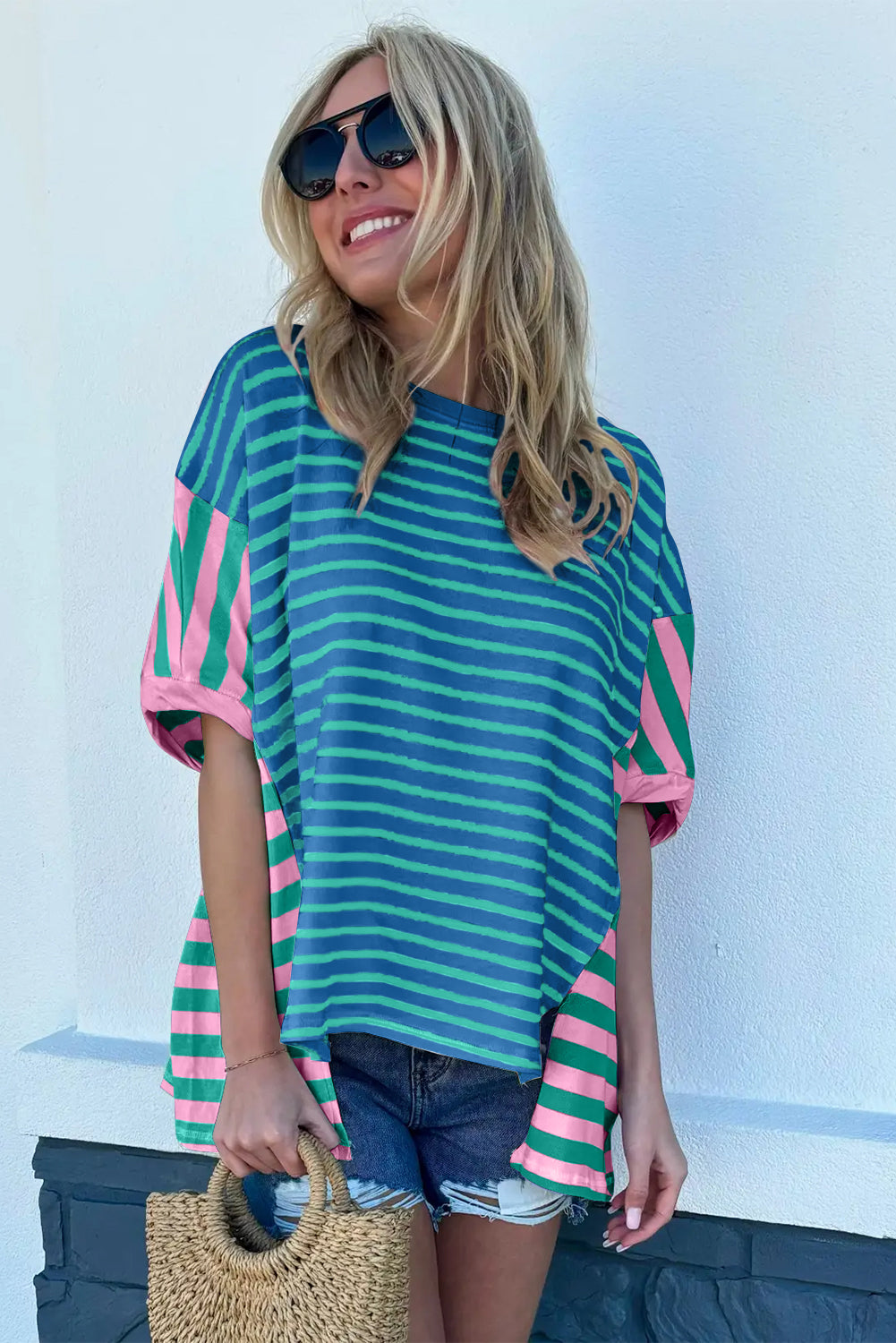 Blue Stripe Colorblock Stripe Patchwork Baggy T Shirt Tops & Tees JT's Designer Fashion