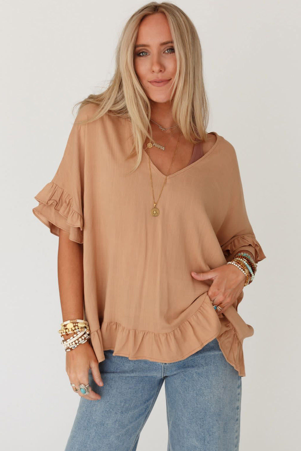 Light French Beige Solid Layered Ruffled Sleeve V Neck Blouse Tops & Tees JT's Designer Fashion