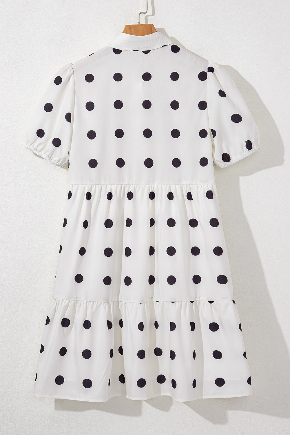 White Polka Dot Print Short Sleeve Collar Buttoned Tiered Babydoll Dress Mini Dresses JT's Designer Fashion