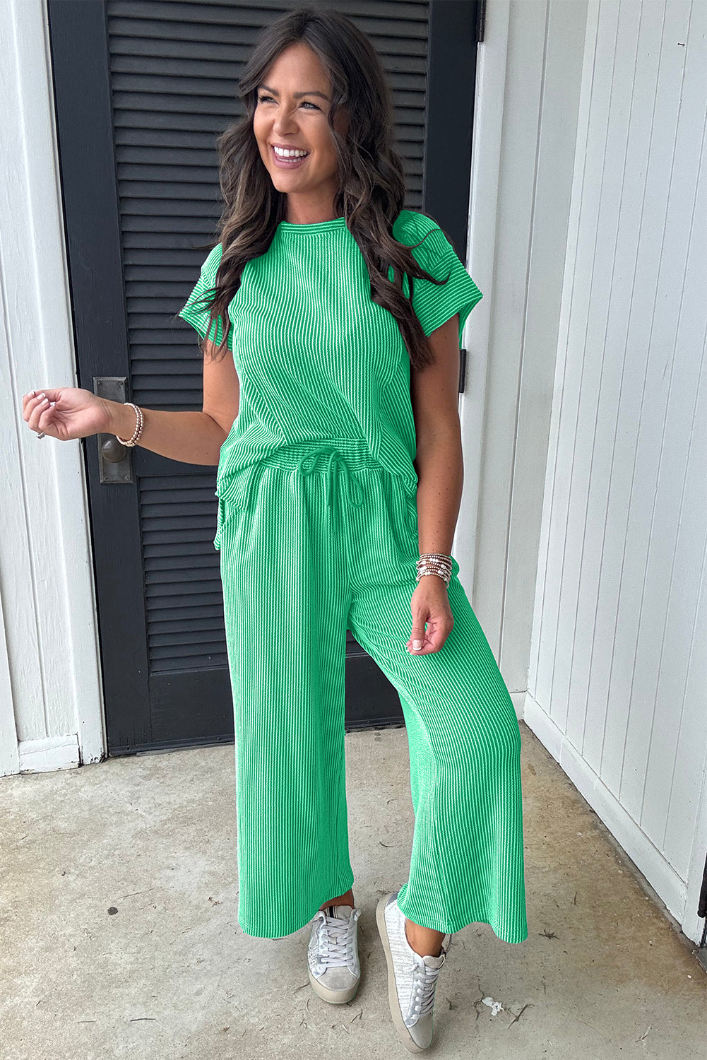 Bright Green Solid Corded Knit Short Sleeve T Shirt and Wide Leg Pants Set Pant Sets JT's Designer Fashion