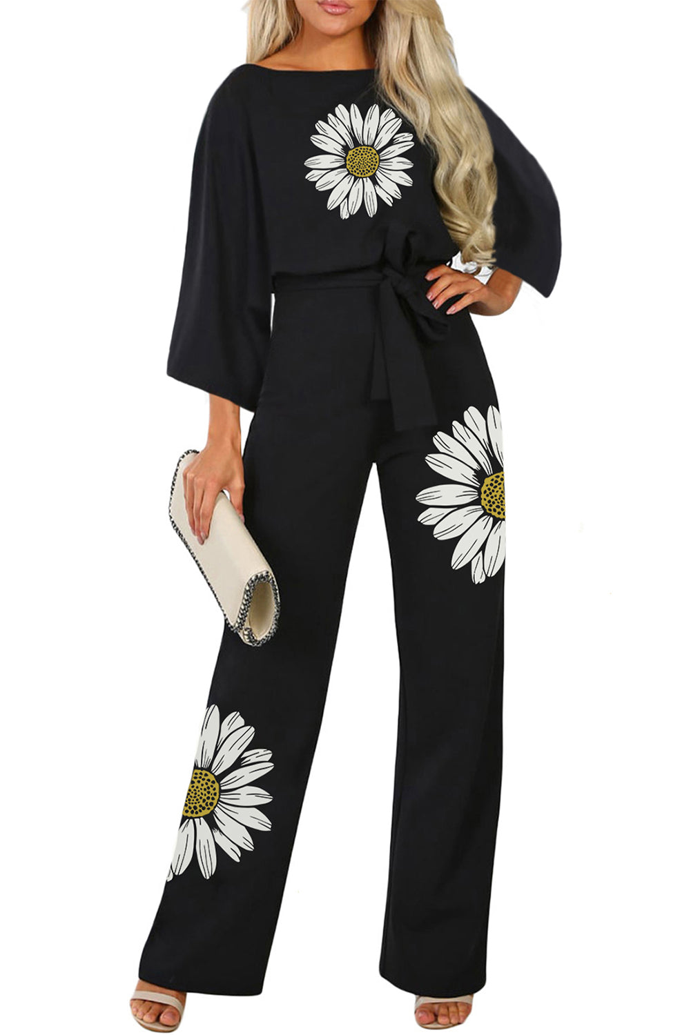 Black Daisy Print Lace-up High Waist Wide Leg Jumpsuit Jumpsuits & Rompers JT's Designer Fashion