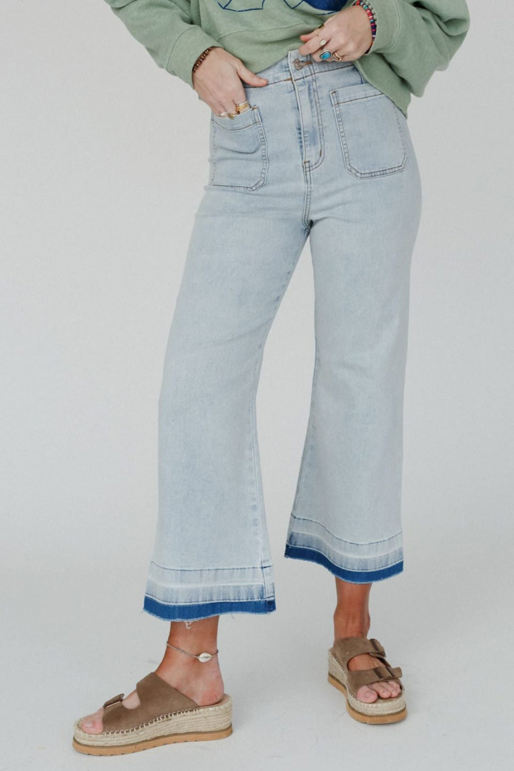 Beau Blue Acid Wash Contrast Edge Pocketed Cropped Jeans Pre Order Bottoms JT's Designer Fashion