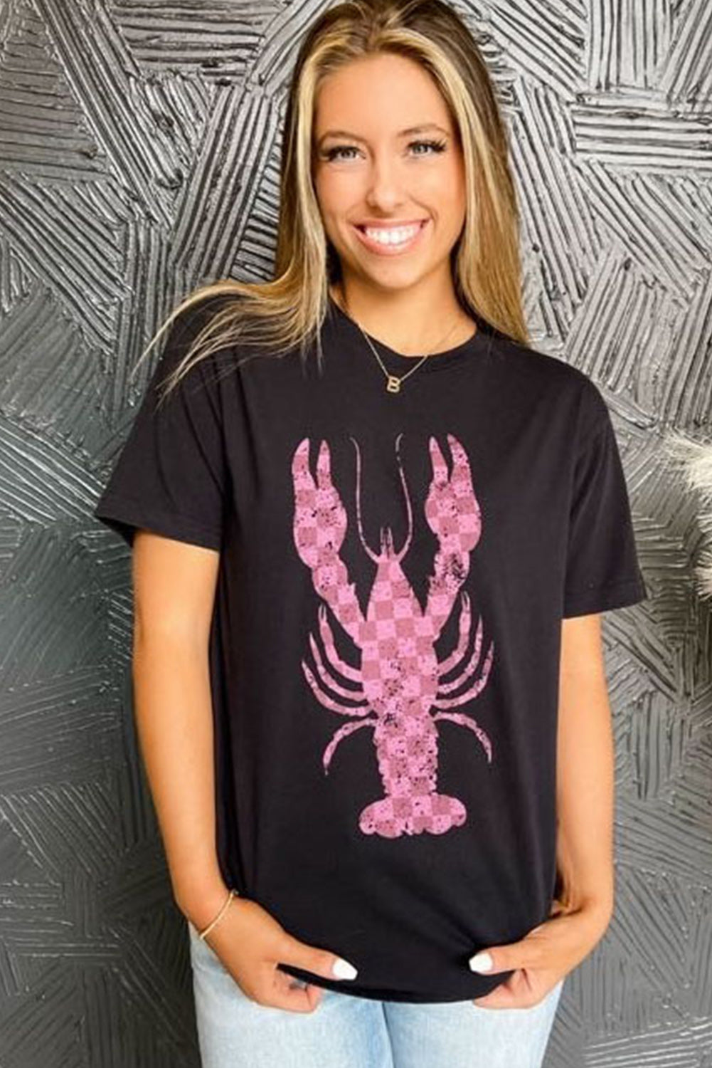 Black Checkered Lobster Print Crew Neck T Shirt Graphic Tees JT's Designer Fashion