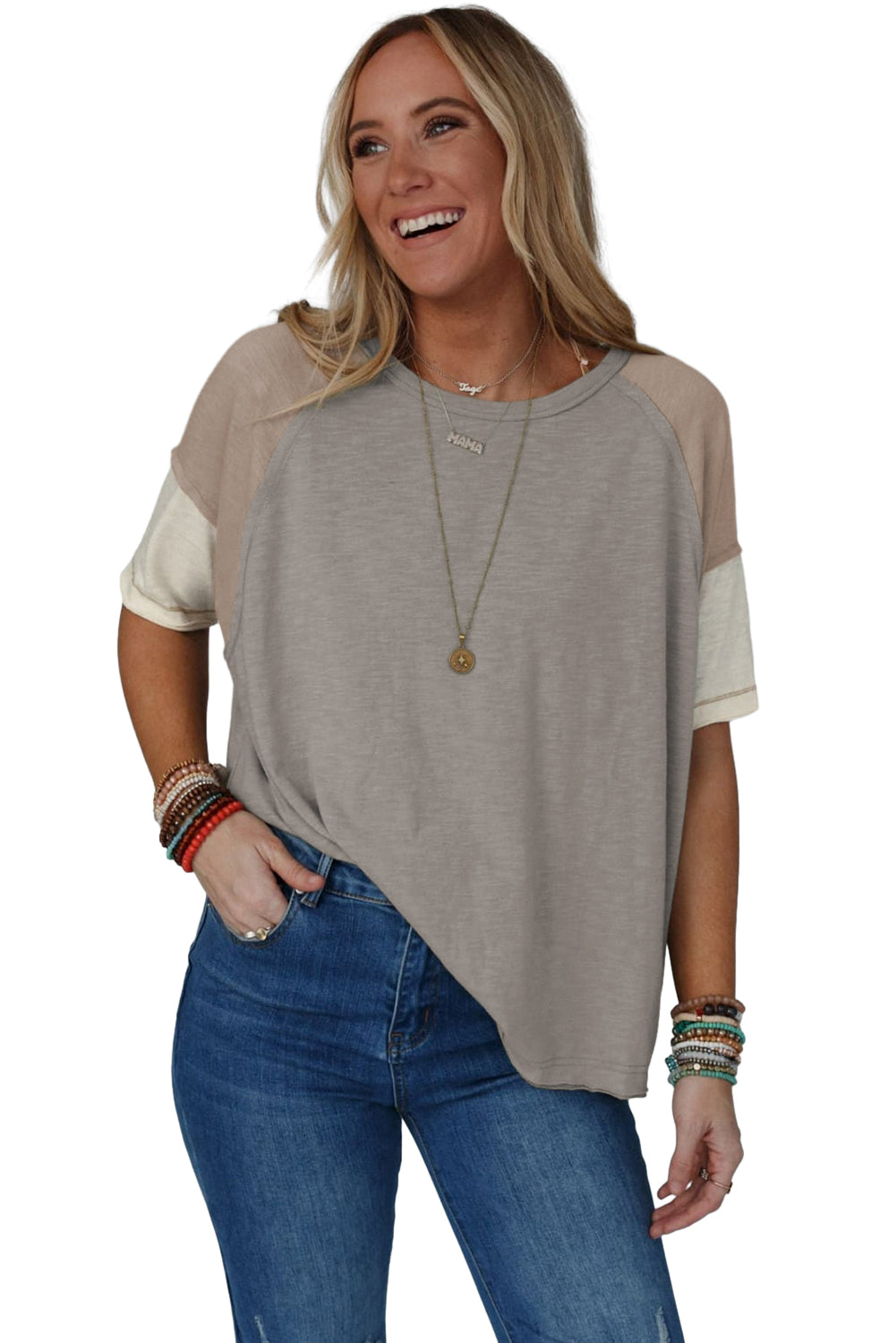 Simply Taupe Exposed Seam Colorblock Loose Tee Tops & Tees JT's Designer Fashion