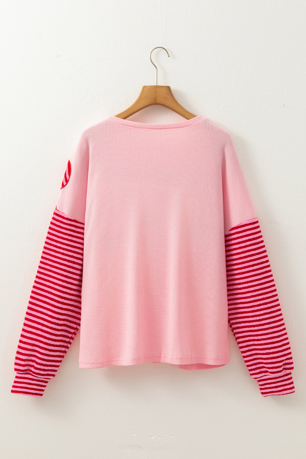 Pink Floral Patch Color Block Striped Sleeve Textured Top Long Sleeve Tops JT's Designer Fashion