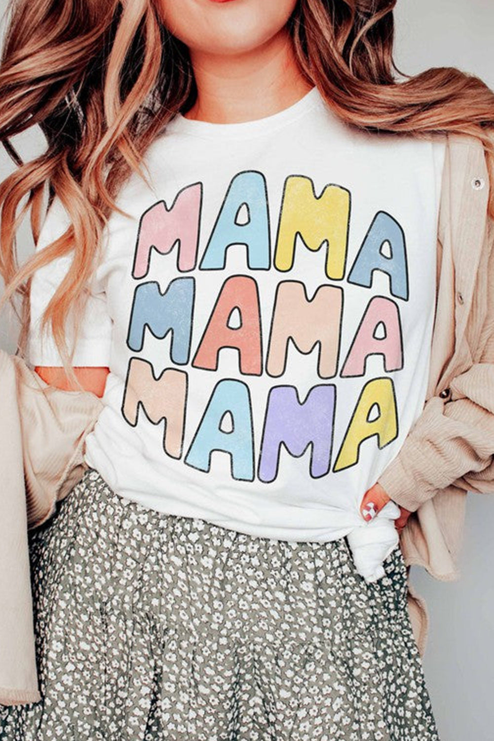 White MAMA Slogan Print Crew Neck Casual T Shirt Graphic Tees JT's Designer Fashion