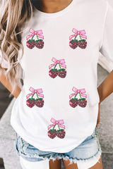 White Sequin Bow Strawberry Graphic Crew Neck T Shirt Graphic Tees JT's Designer Fashion