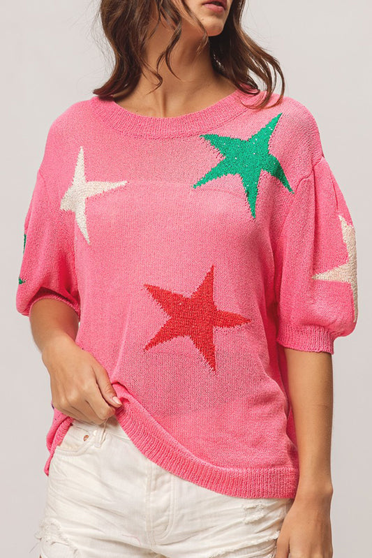 Pink Big Star Accent Dropped Puff Sleeve Knitwear Top Pre Order Sweaters & Cardigans JT's Designer Fashion