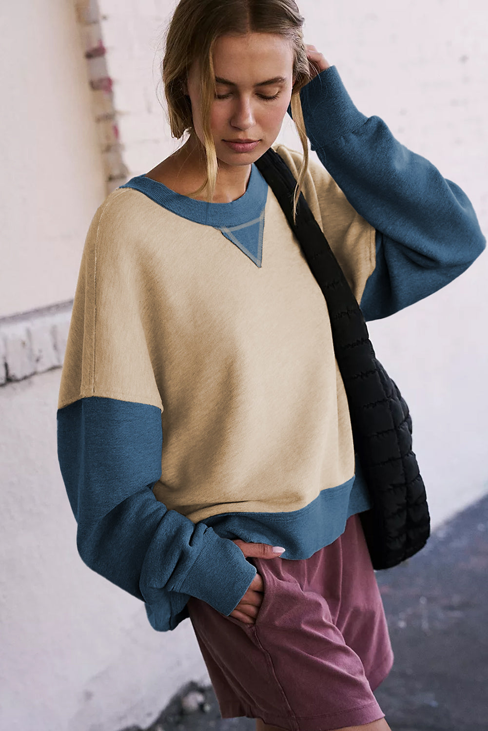 Parchment Color Block Thumbhole Sleeve Drop Shoulder Sweatshirt Sweatshirts & Hoodies JT's Designer Fashion