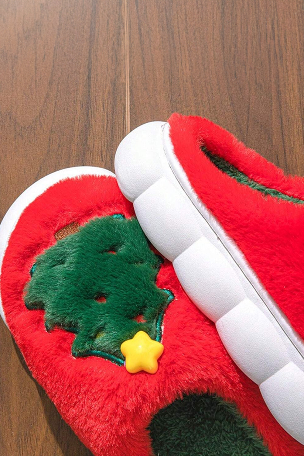 Fiery Red Christmas Tree Graphic Thick Sole Plush Slippers Slippers JT's Designer Fashion