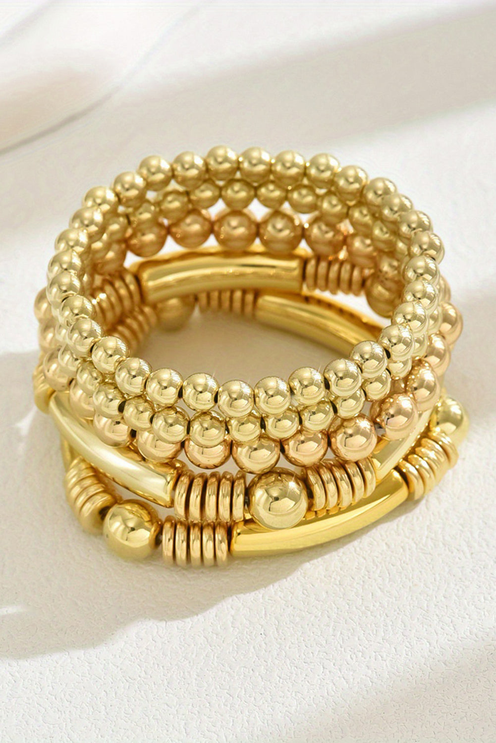 Gold Layered Plated Alloy Beaded Elastic Bracelet Set Jewelry JT's Designer Fashion