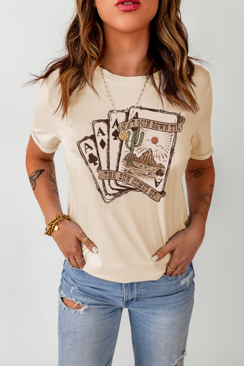 Khaki Western Poker Cards Graphic T Shirt Graphic Tees JT's Designer Fashion