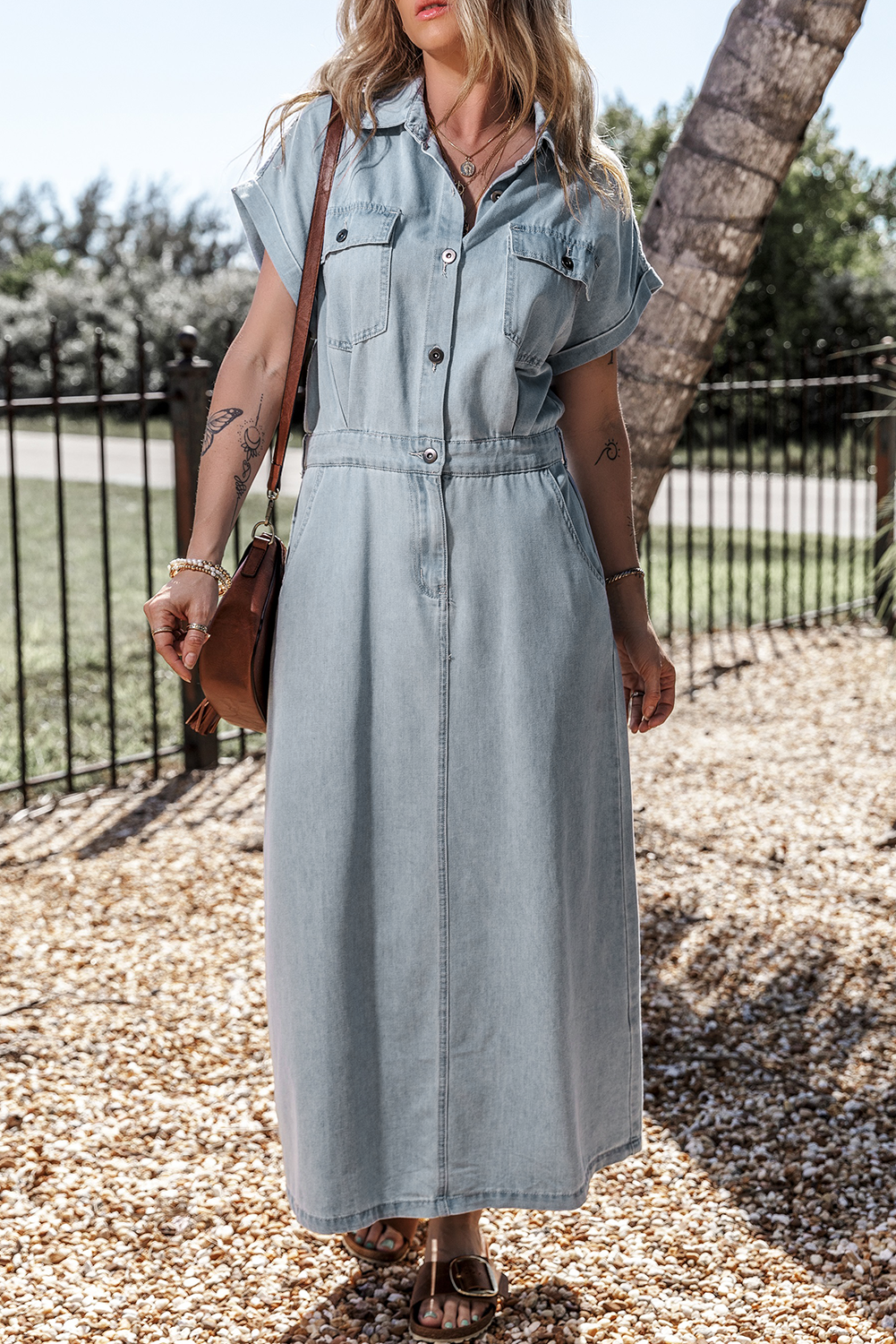 Beau Blue Short Batwing Sleeve Slit Back Denim Dress Maxi Dresses JT's Designer Fashion