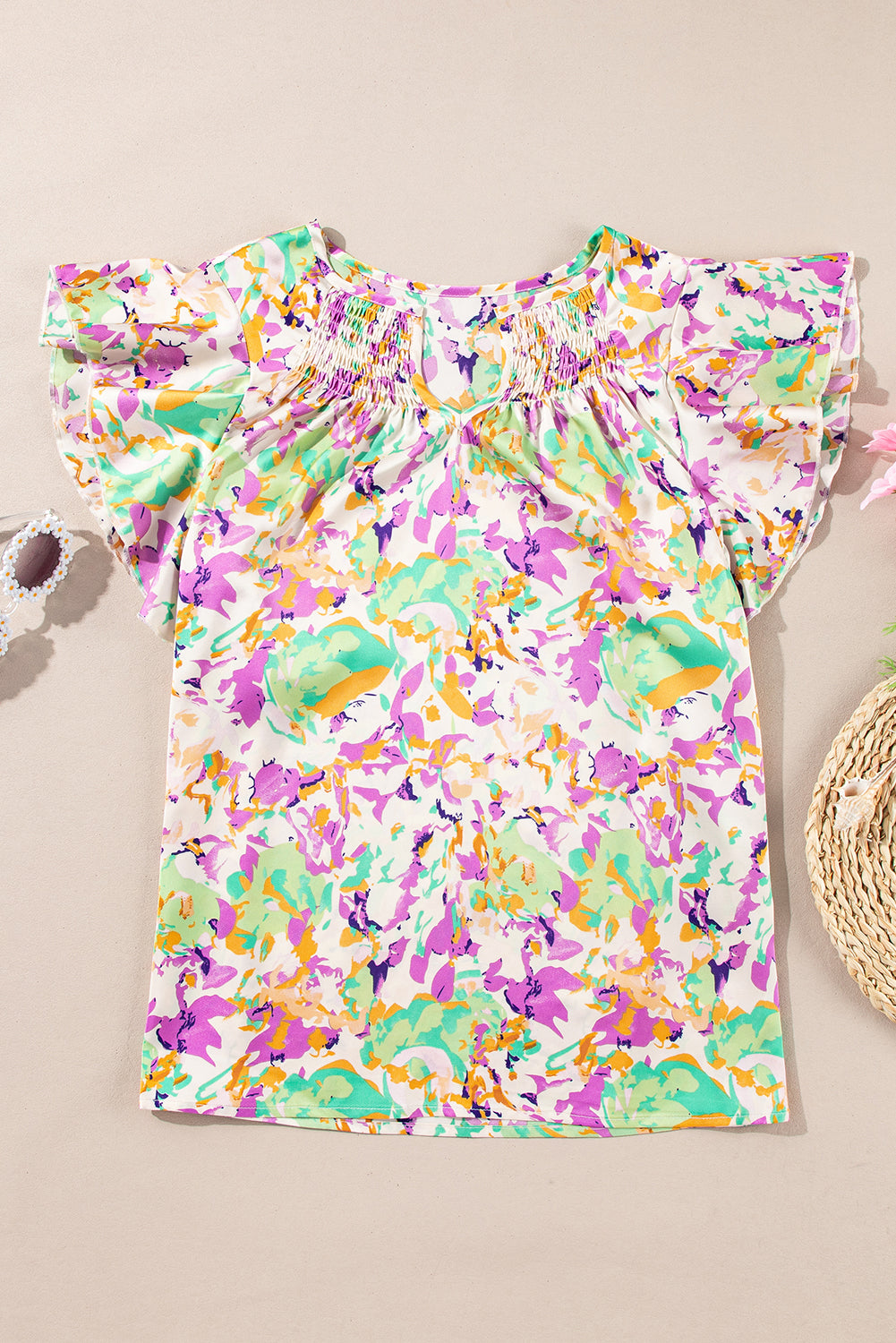 Purple Abstract Printed Ruffled Short Sleeve Notched Neck Blouse Blouses & Shirts JT's Designer Fashion