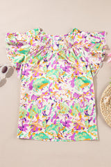 Purple Abstract Printed Ruffled Short Sleeve Notched Neck Blouse Blouses & Shirts JT's Designer Fashion