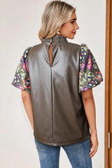 Four Leaf Clover Floral Bubble Sleeve Patchwork Leatherette Frilled Round Neck Blouse Blouses & Shirts JT's Designer Fashion