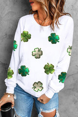 White Four Leaf Clover Patched Graphic St Patricks Sweatshirt Graphic Sweatshirts JT's Designer Fashion
