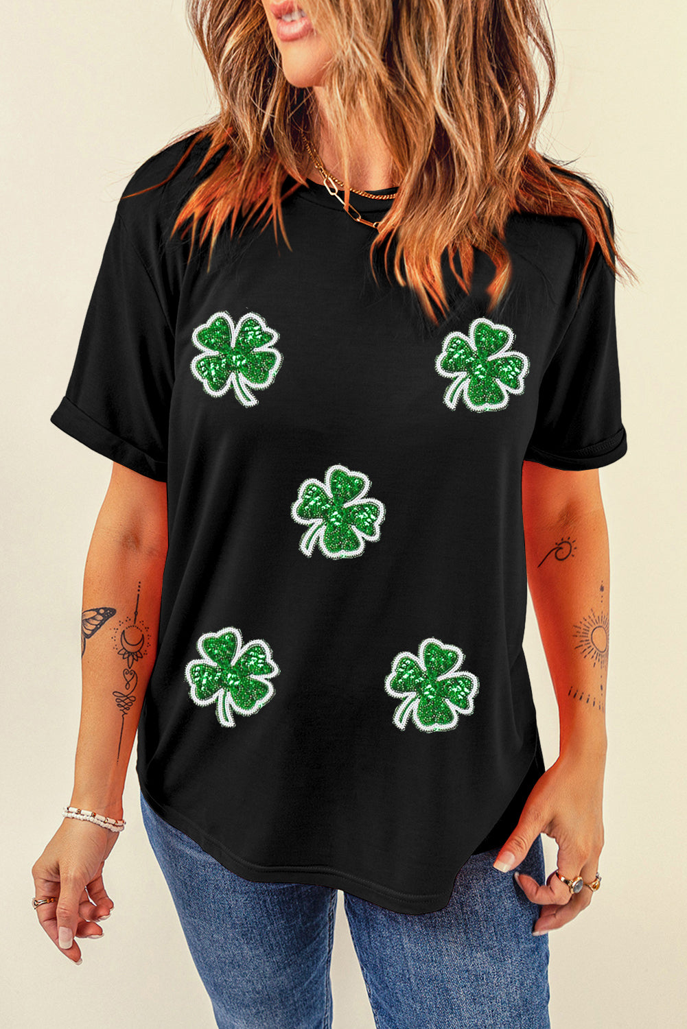 Black Four Leaf Clover Graphic St. Patricks Crewneck Tee Graphic Tees JT's Designer Fashion